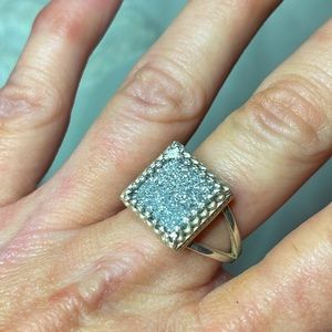 silver square Crystal druzy ring